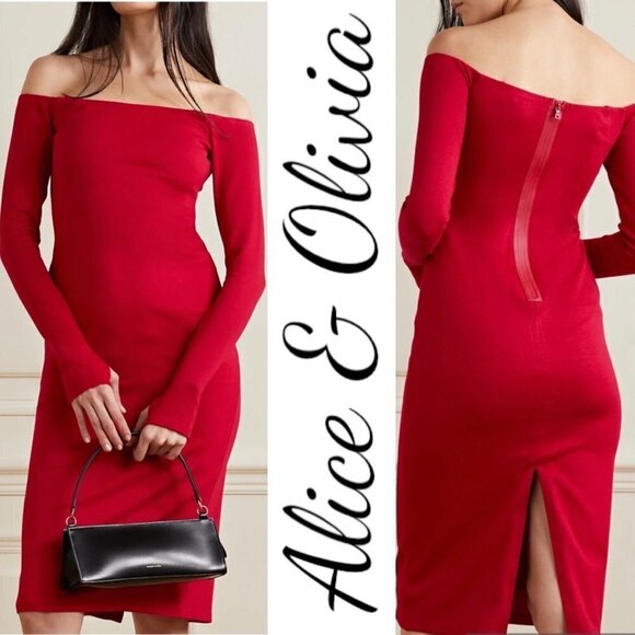 NWT ALICE & OLIVIA Dorinda Red Sheath Off-The-Shoulder Bodycon Midi Dress, Sz 2 - Picture 6 of 13